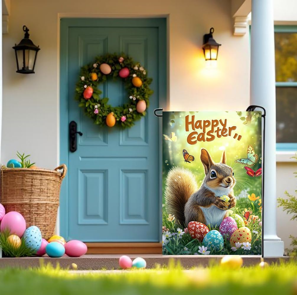 Happy Easter Garden Flags for Outside 12x18 Double Sided, Small Burlap Squirrel Eggs Floral Garden Flag Easter Holiday Outdoor Yard Decorations - Image 5