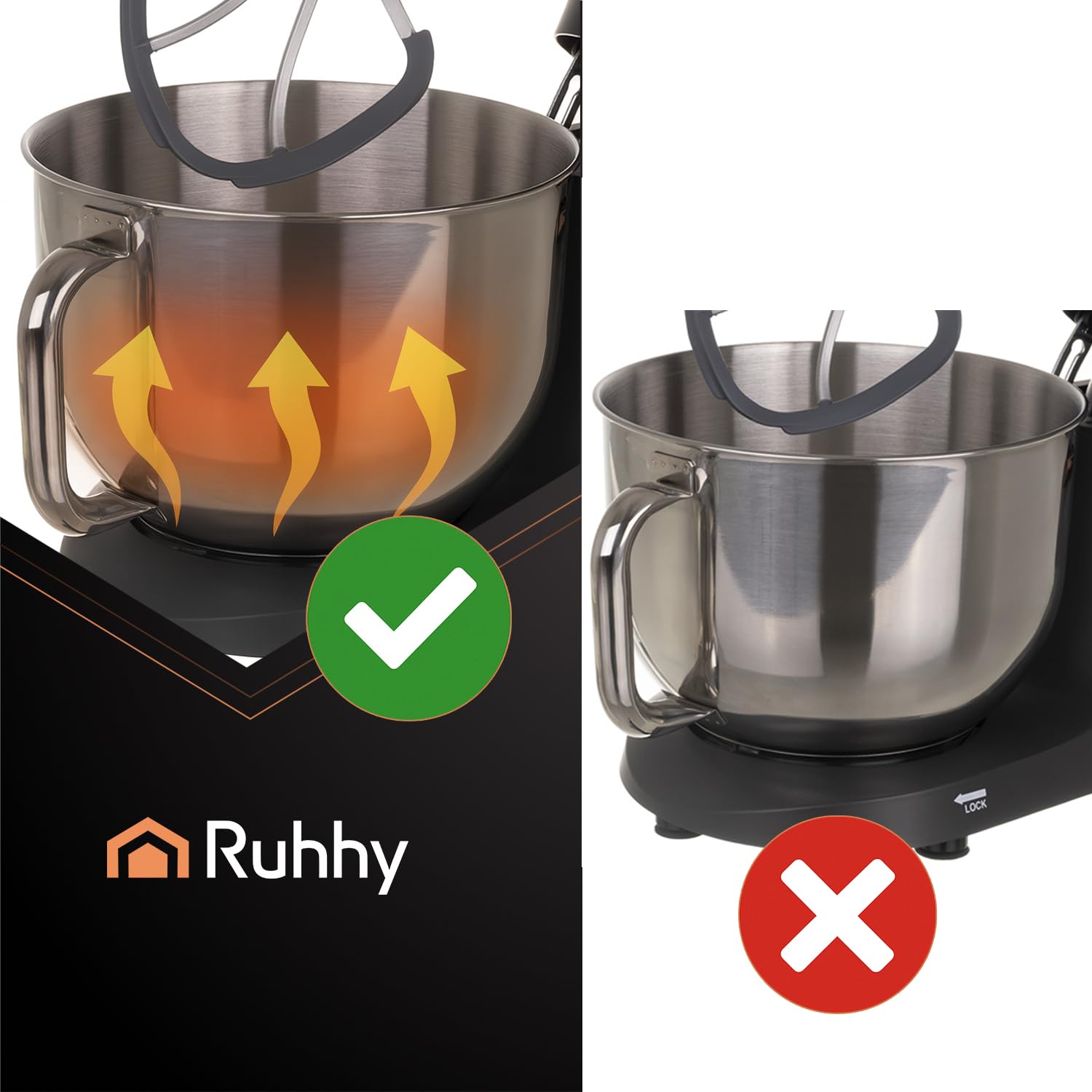Robot de cocina con tazón de mezcla calefactable de 6,2 l – Batidora planetaria RUHHY 2000 W 11 velocidades y pantalla táctil – Amasadora de masa para pan, pizza, pasteles y pasteles (negro y dorado)