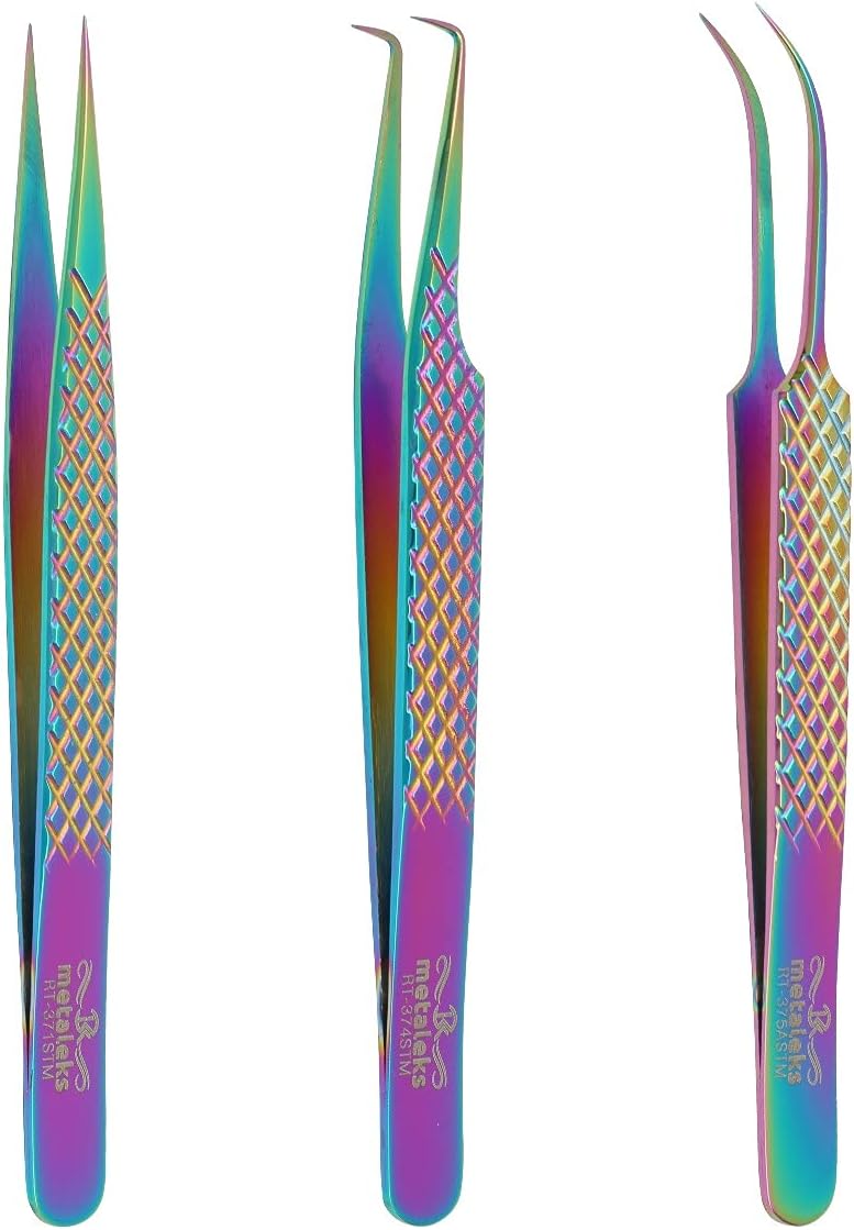metaleksEyelash Extension Tweezers Set of 3 Japanese Steel Straight Curved 45 Degree Angled Tip Volume Tweezers. (Multi Titanium Coated)
