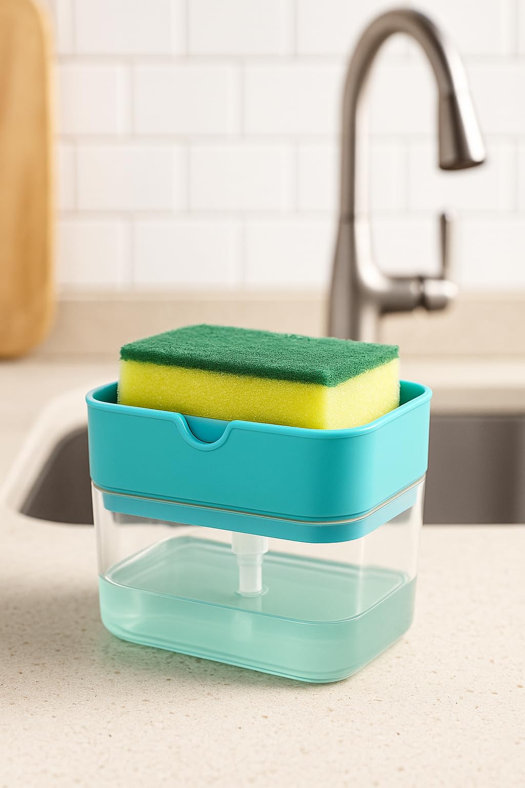 2 in 1 Soap Dispenser for Bathroom Accessories Dishwasher Liquid Holder Liquid Dispenser Pump 400 ML with Sponge Holder Kitchen Sink Accessories Items (Blue) 1