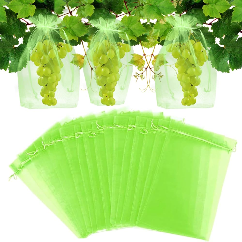 mizikuu 60PCS Fruit Protection Bags with Drawstring, 20x30cm Green Pouches for Fruit Trees, Mesh Netting for Fruits Tree Strawberry Plum Vegetables