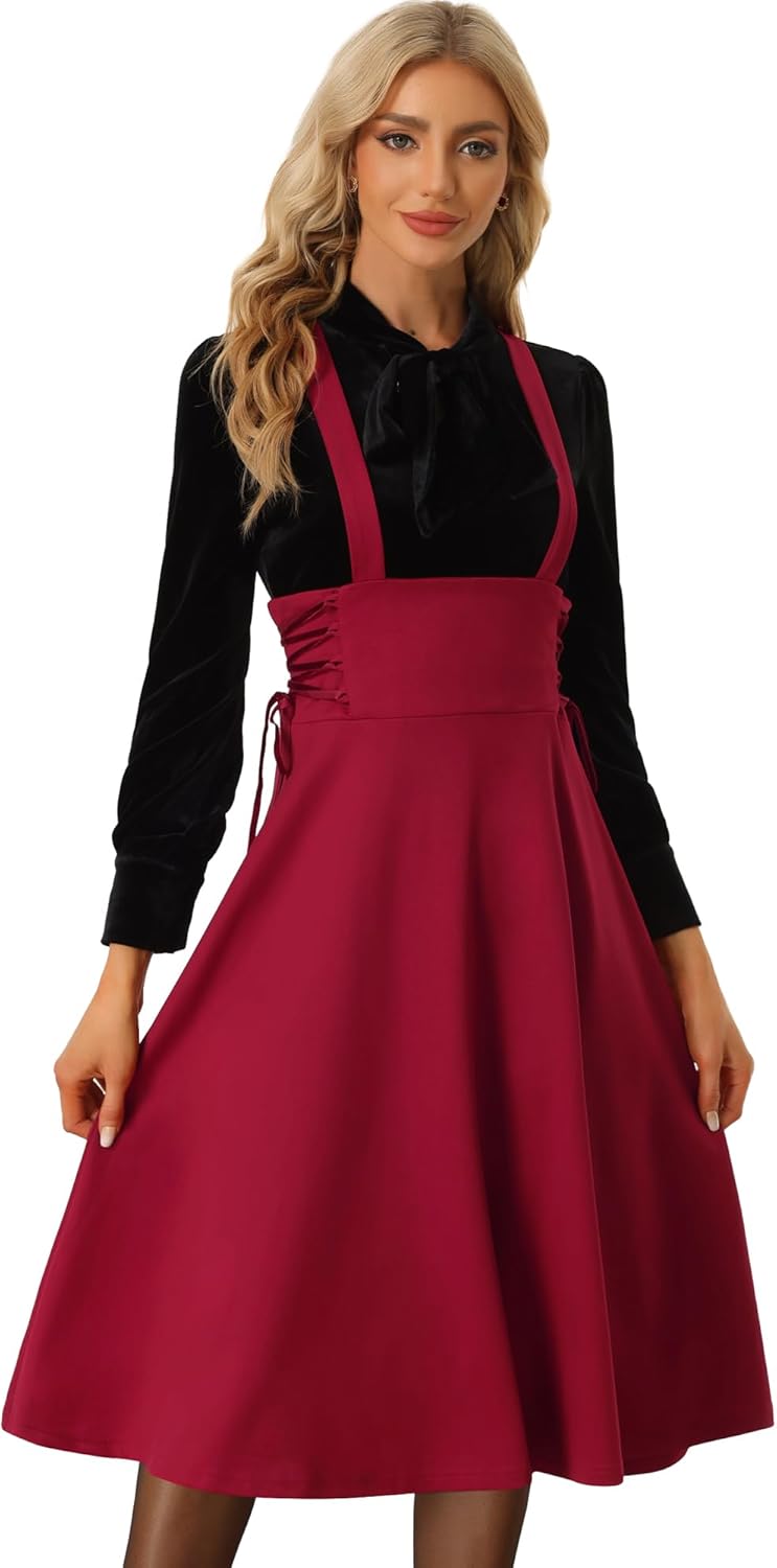 Allegra K Vintage Overall Skirts for Women's High Waisted Lace Up Flared Midi Suspender Skirt
