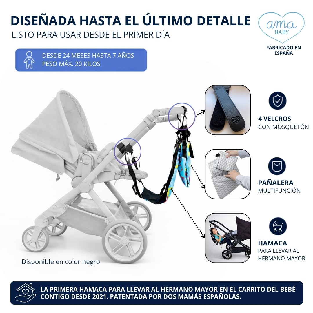 Hamaca Carro Bebé 2 en 1 - Asiento Extra Hermano Mayor - La Solución para Dos Niños - Alternativa a Patinete - Niños 2 a 6 Años Max.20 kg - Fabricada En España - Incluye Pañalera multiusos | Un lugar donde descansar para el hermano mayor