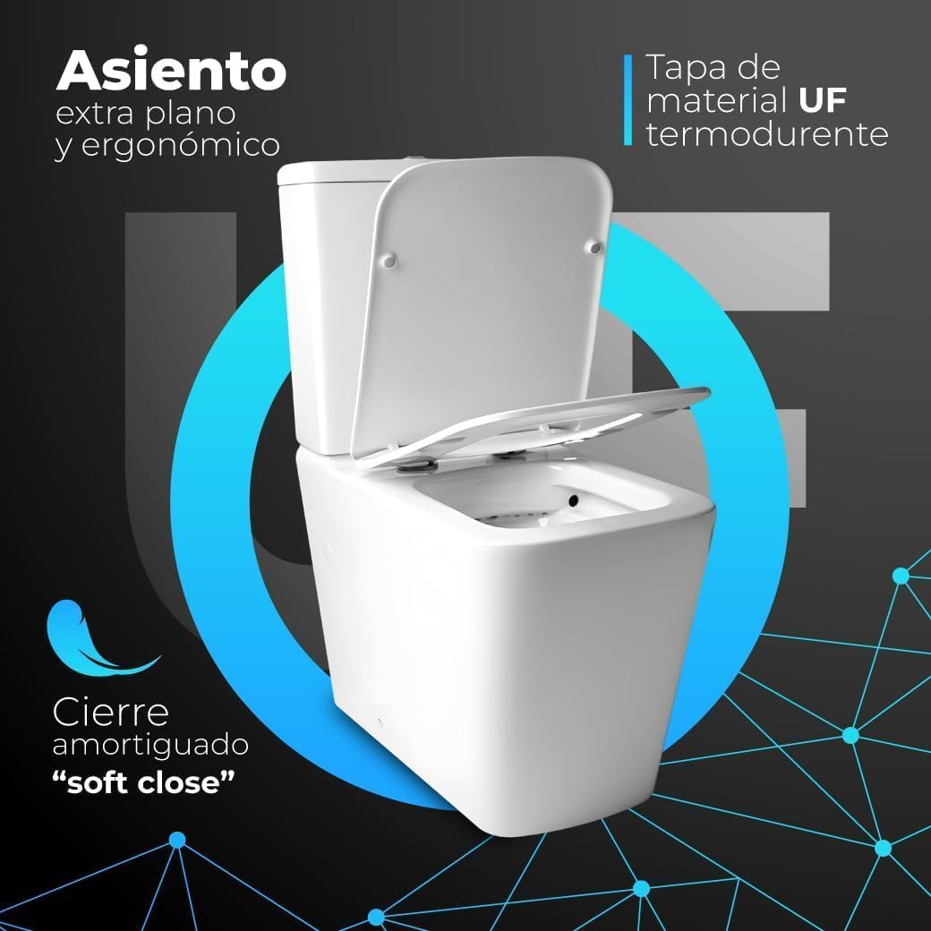 Inodoro Compacto 81x40 Cerámica Rimless WC | Tapa Amortiguada Extrafina Soft Close · Sistema Doble Descarga 3/6L · Salida Dual Horizontal/Vertical