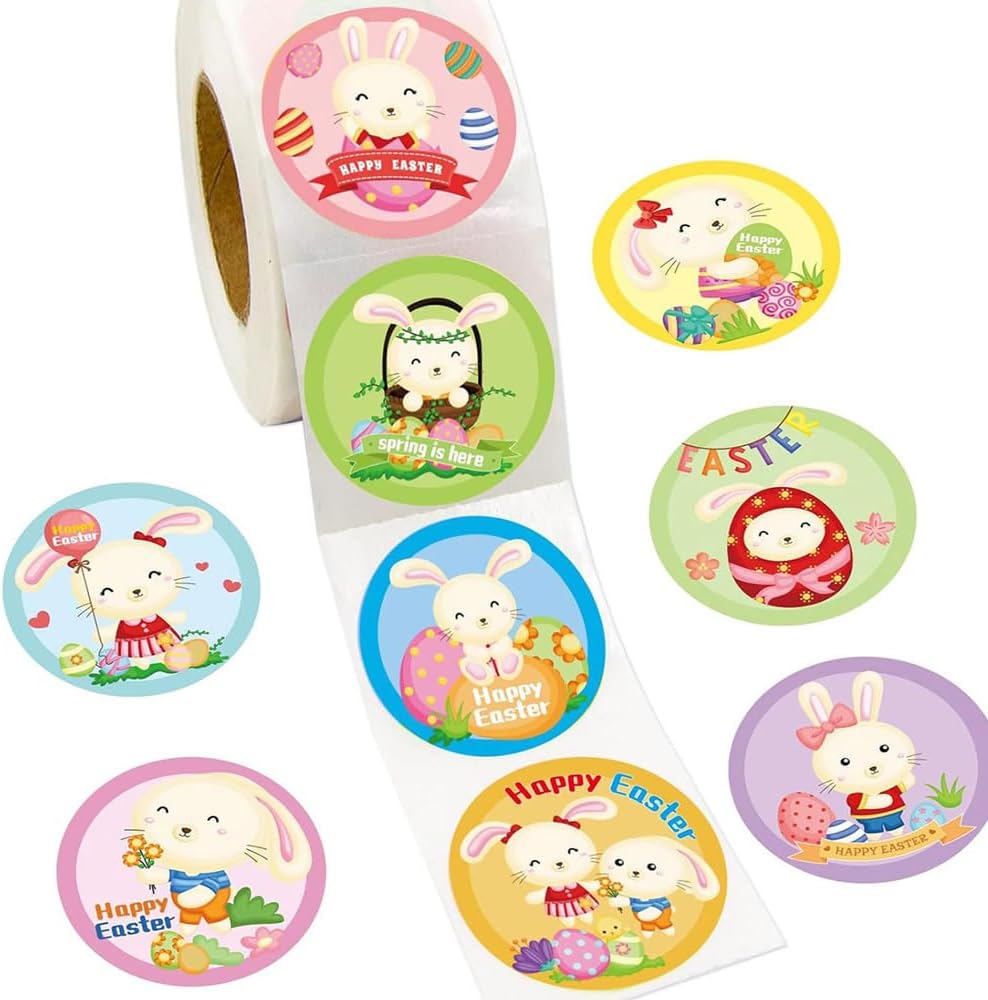 500 Sheets/Roll Bunny Stickers – Multiple Designs for Easter, Journals, Envelopes, Party Gifts, Greeting Cards, and DIY Decorations,C545