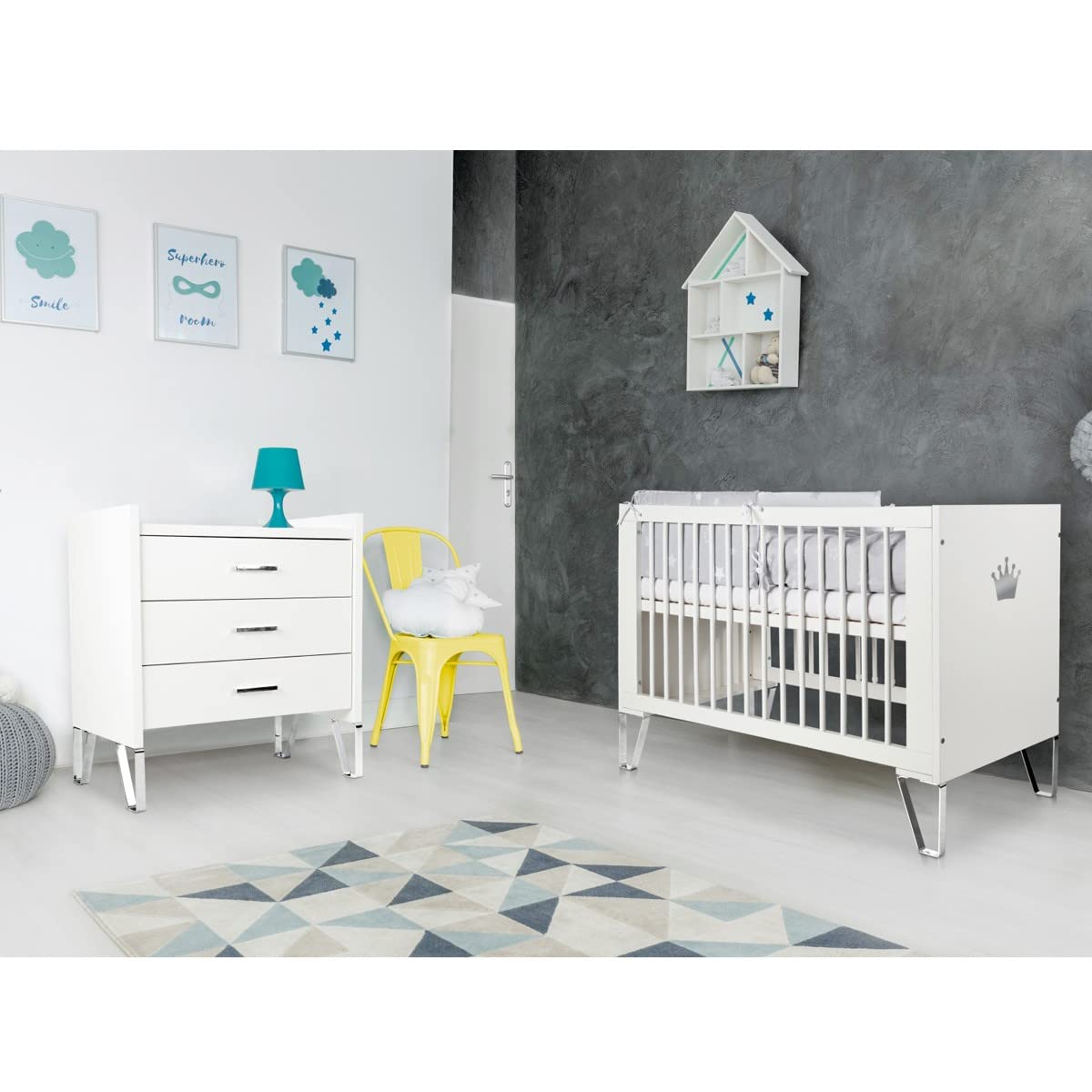 Mon Mobilier Design Blanka Chambre bébé lit évolutif et Commode avec Plan à Langer 120X60 Blanc