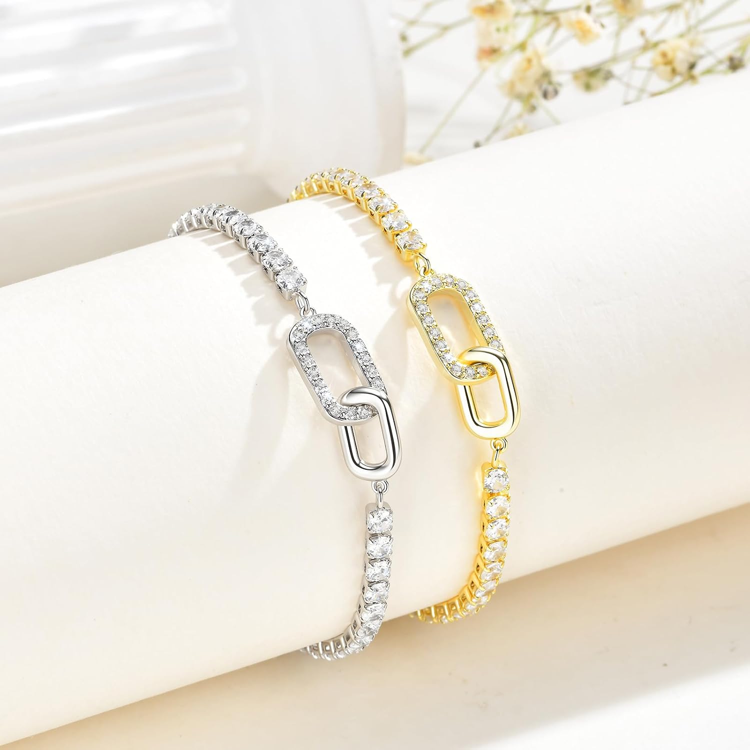 Dainty Gold Tennis Bracelet for Women - 14k Gold Plated Cubic Zirconia Adjustable Paperclip Bracelet Minimalist Stackable Charm Bracelets Trendy Jewelry Gift for Her Birthday, Mother's Day Anniversary