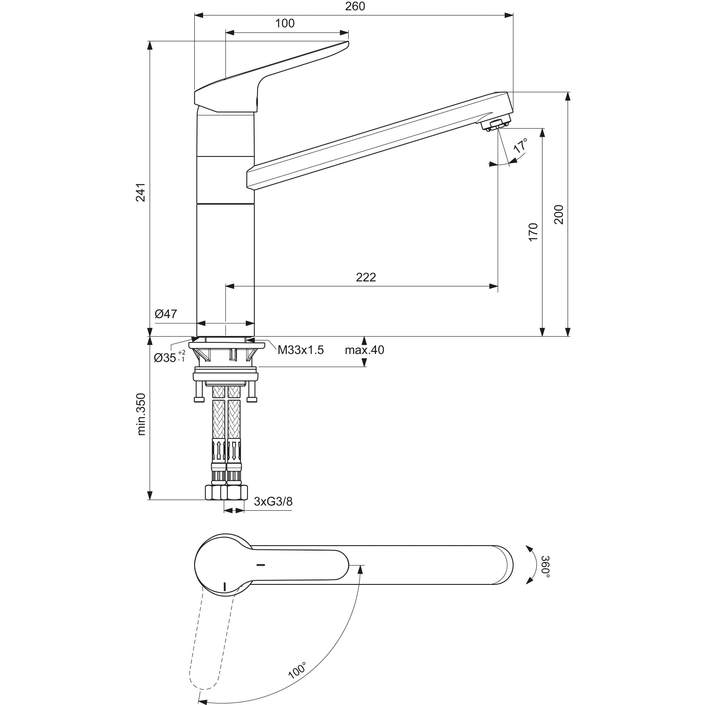 Ideal Standard – Ceraflex Küchenarmatur, Hoch angesetzter Auslauf, mit FirmaFlow Kartusche, Niederdruck, Schwenkbereich 360°, BlueStart, Schnellmontagesystem EasyFix, Chrom