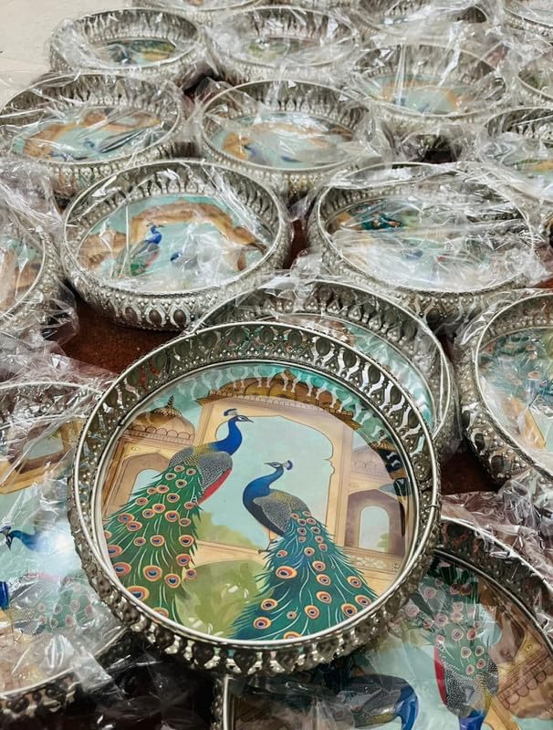 NESTORIA LIVING Peacock Design Decorative Tray | German Silver Finish with Enamel Detailing | Elegant Handmade Artware for Home & Gifting (pack of 3) 1