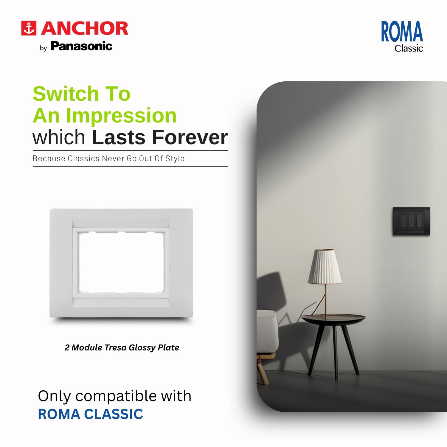 Anchor by Panasonic Roma Classic Tresa 2 Module Plate, 2M White Plate for Switch Board, 10 Years on Site Warranty (White, 30227WH) 1