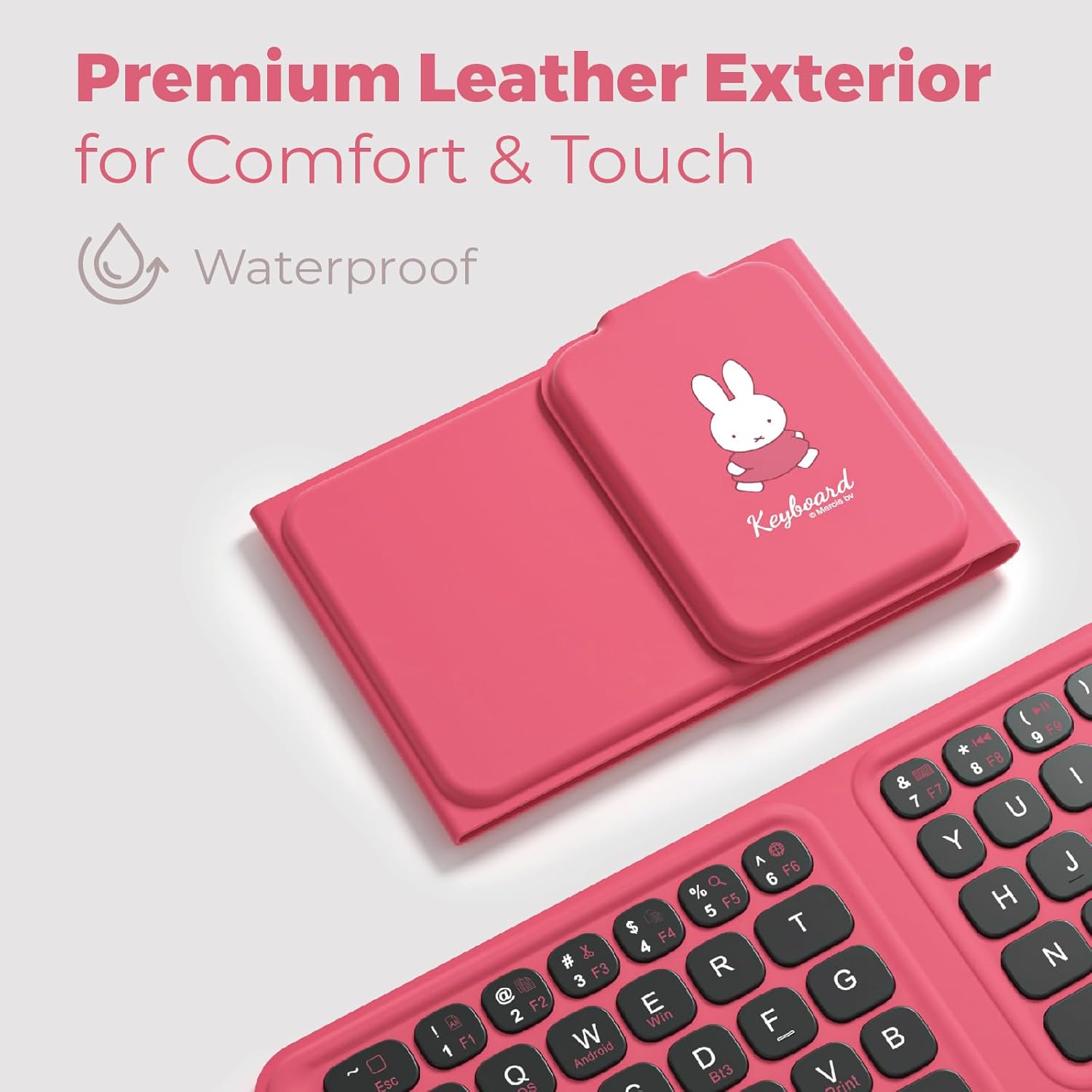 Miffy Triple-Fold Bluetooth Keyboard - Magnetic Fold Design with Integrated Touchpad & Numeric Keypad, Bluetooth 5.0 (3 Devices), Rechargeable 5.6mm Slim, Premium Leather - Pink