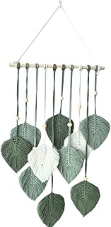 Madiffcult macramé para colgar en la pared, decoración de pared bohemia con plumas tejidas, arte de pared hecho a mano, tapiz de hojas de macramé con cuentas de madera para dormitorio, sala de estar