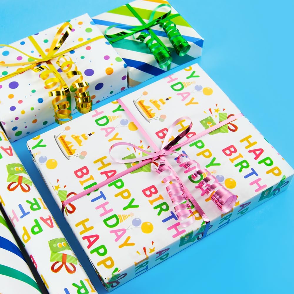Isaspire Birthday Wrapping Paper Folder Set - 12 Sheets, 20x29 Inch Each, Adorned with Polka Dots, Stripes & 'Birthday' Charms for Boys, Girls, Women, Men, Ideal Gift Wrap for Holiday Party