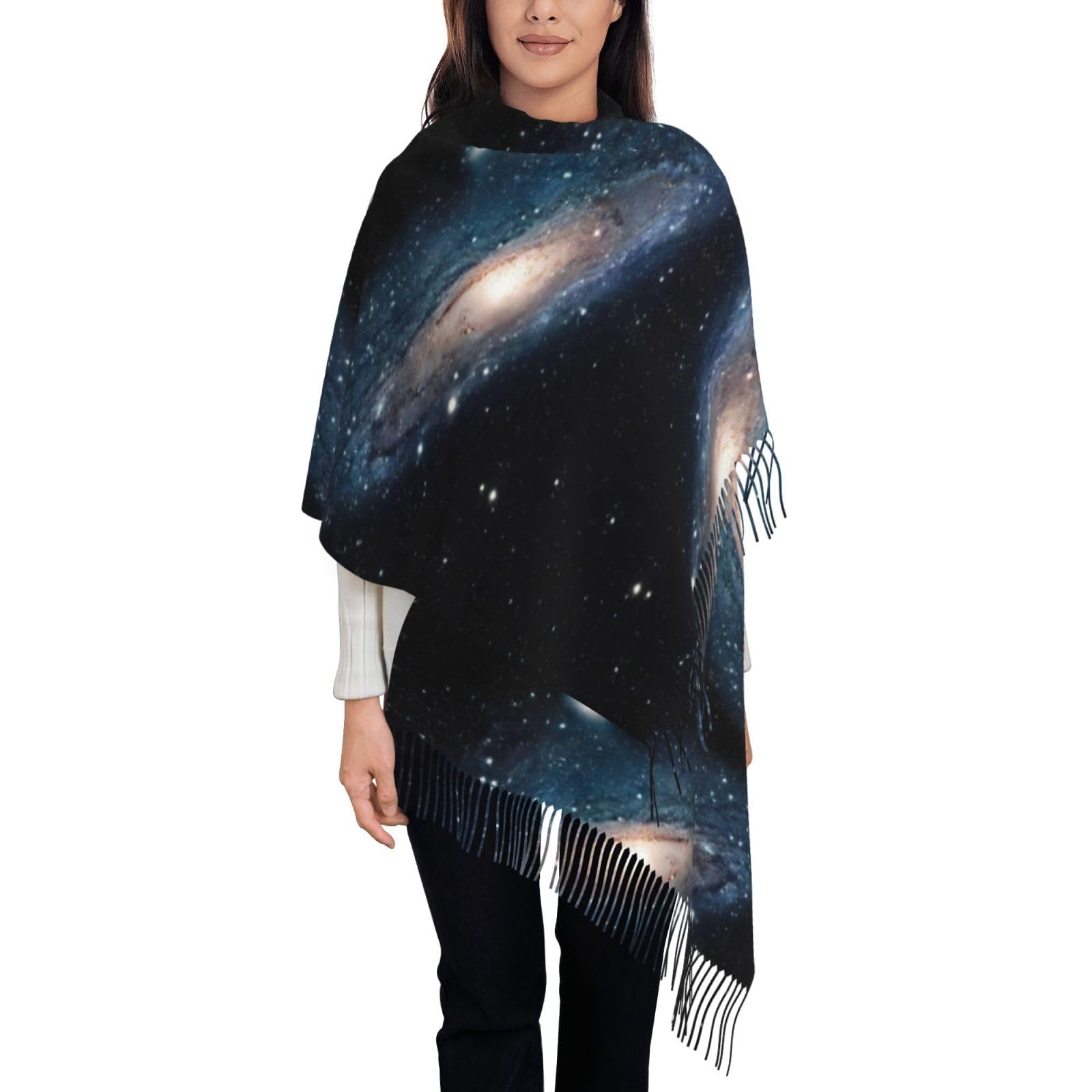 Damenschal mit Galaxie-Universum und Sternen, Weltraum-Druck, Herbst, Winter, modisch, Fransen, weich, warm, sonnenfester Wickelschal