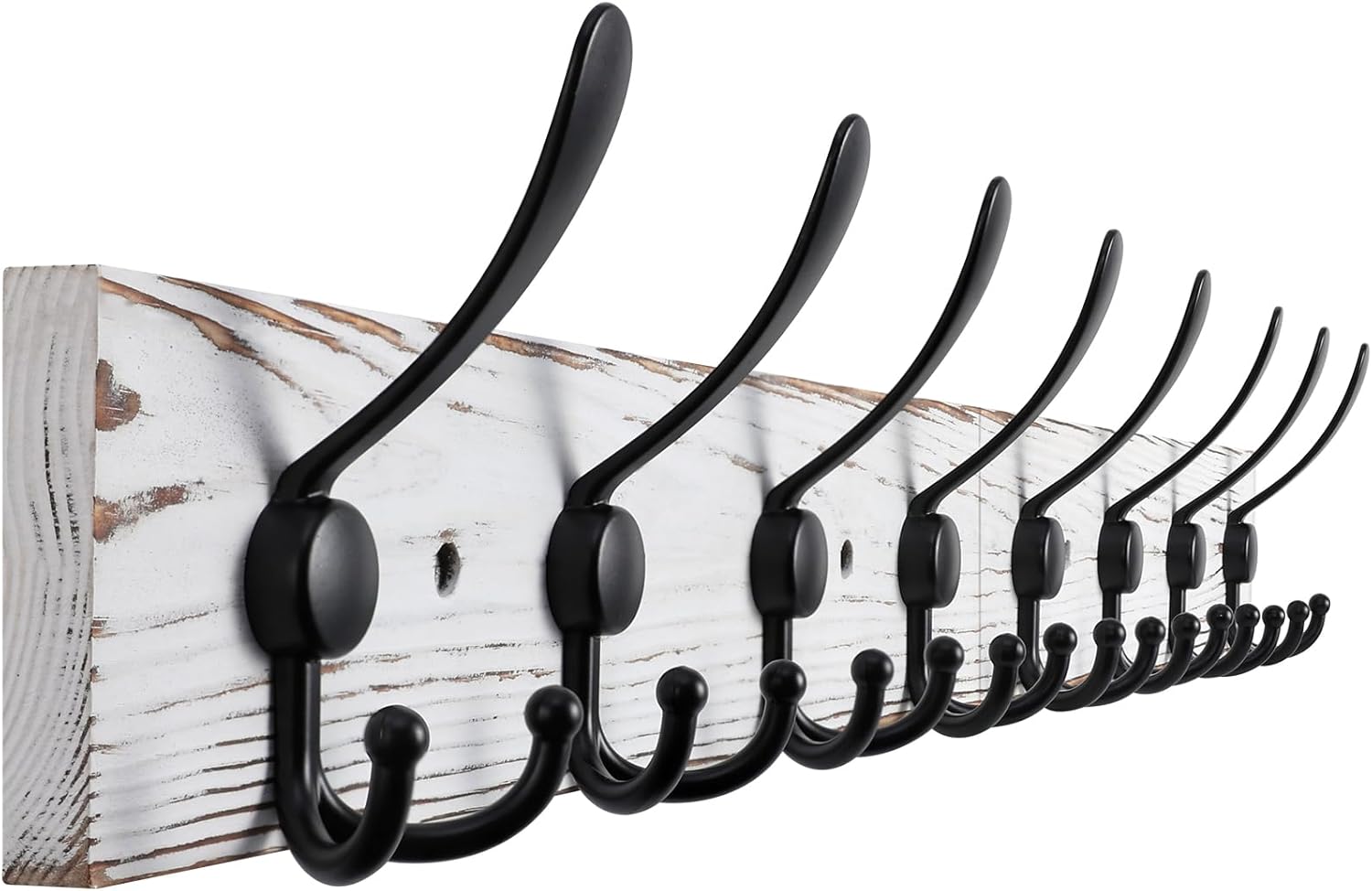 32.2'' Large Coat Rack Wall Mount Coat Hooks with 8 Metal Black Triple-Hooks Old White Pine Real Wood Plank Hat Rack for Wall Hooks 1 Item-8 Hooks Old White Plate & Black Hook