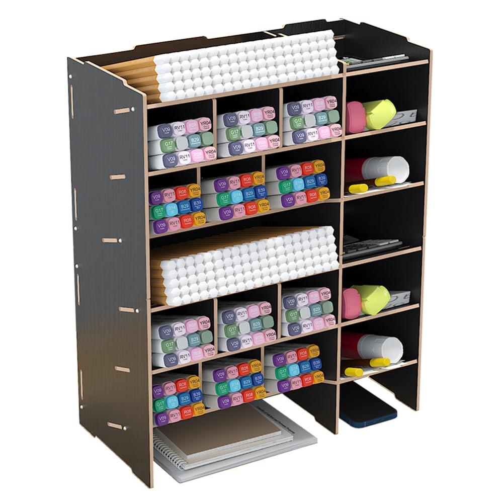 Axroad Mall Organizador de escritorio de madera, soporte para bolígrafos de gran capacidad, caja de almacenamiento de artículos de papelería para el hogar, la oficina almacenamiento (negro, B21-1)