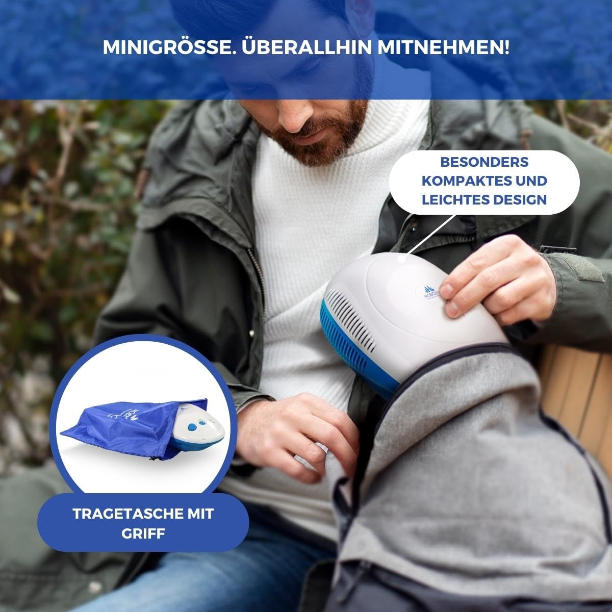 Mobiclinic®, Kompressor-nebulizer, Neb-1, Tragbar, Für kinder und erwachsene, Transporttasche, Mini, Behandlung von atemwegserkrankungen, Masken in verschiedenen größen, 5 luftfilter