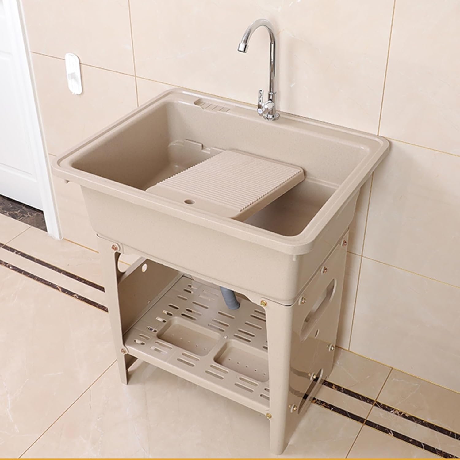 Laundry Sink Small Utility Sink Plastic Laundry Sink With Faucet Wash Basin With Soap Slot Freestanding Plastic Laundry Sink For Laundry Room Washing Room Garden Garage(Color:Marble,Style:S-80cm)