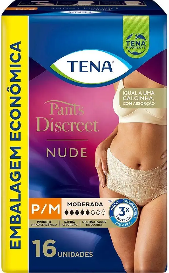 Tena Pants Discreet, Calcinha Descartável para Incontinência Urinária, Nude, P/M - 16 unidades