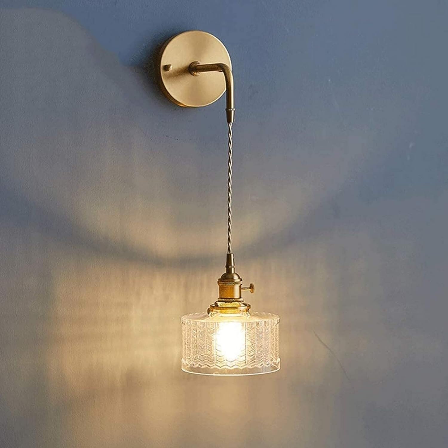 CWCQGH Wall Light Long-line Chandelier Bedroom Bedside Wall Lamps, All-Copper Glass Flower Cup Lampshade Wall Sconces,15cm