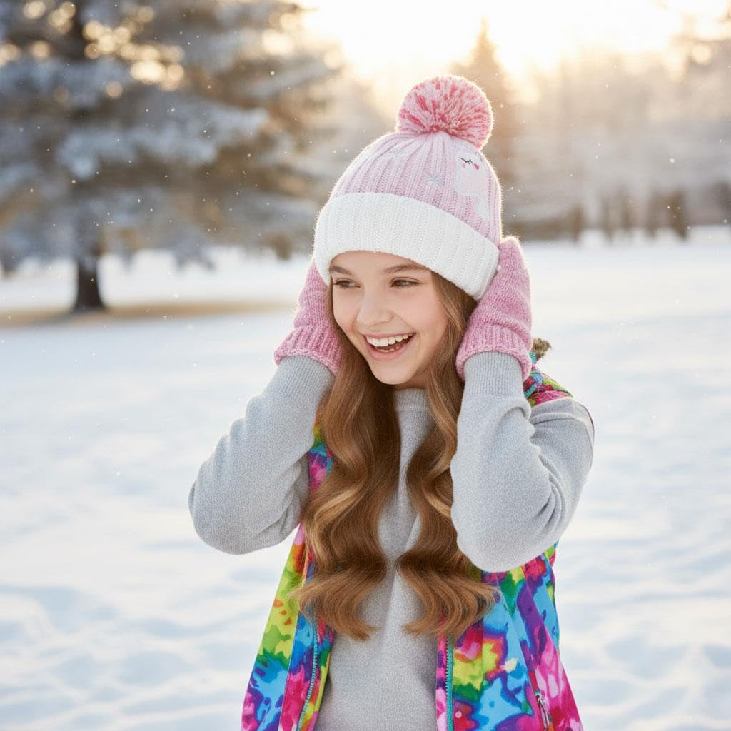 A2Z 4 Kids Niñas Sombrero Cable Tejido Pom Pom Sombrero Ribeteado Vuelto Beanie Invierno Caliente Forro de Fleece Acogedor Gorras Duradero Estiloso Cómodo Accesorios Invernales Sombreros