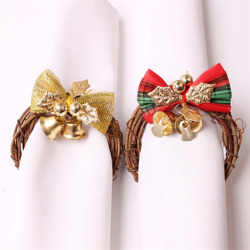 6 uds Navidad Bowknot Guirnalda servilleta Hebilla Mimbre Campana servilletero Doble Flor Boca paño Anillo (un tamaño)