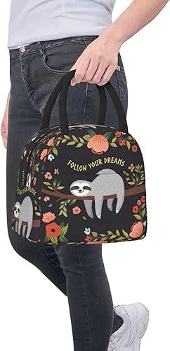 Miniatura 8 de Duduho Bolsa de almuerzo con texto en inglés "Follow Your Dream", bolsa grande con diseño de perezoso, reutilizable, para mujeres, hombres, escuela,
