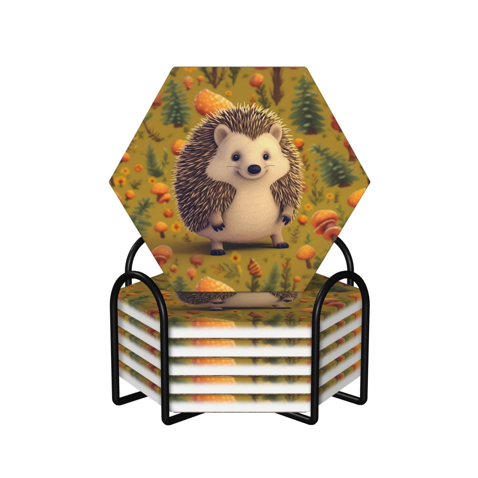 6Pcs Ceramics Coaster for Drinks, Hedgehog Cup Coasters with Holder, Aesthetic Drink Coasters for Coffee Table, Absorbent Round Coaster for Tabletop Protection 4" Cup Mat Pad