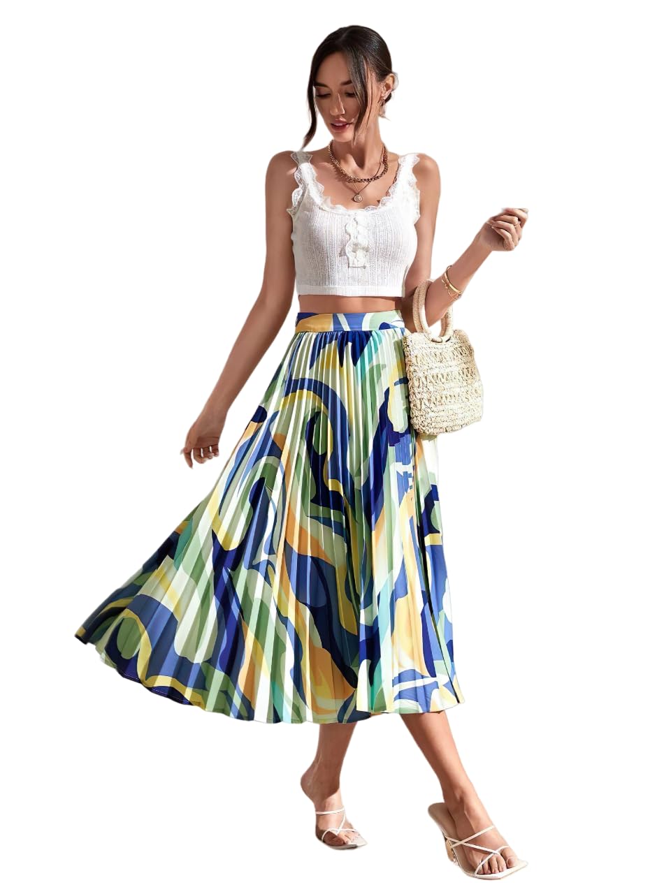 kzully | Casual Elegance: Mid-Waist Printed Pleated Midi Skirt for Women-picture-27