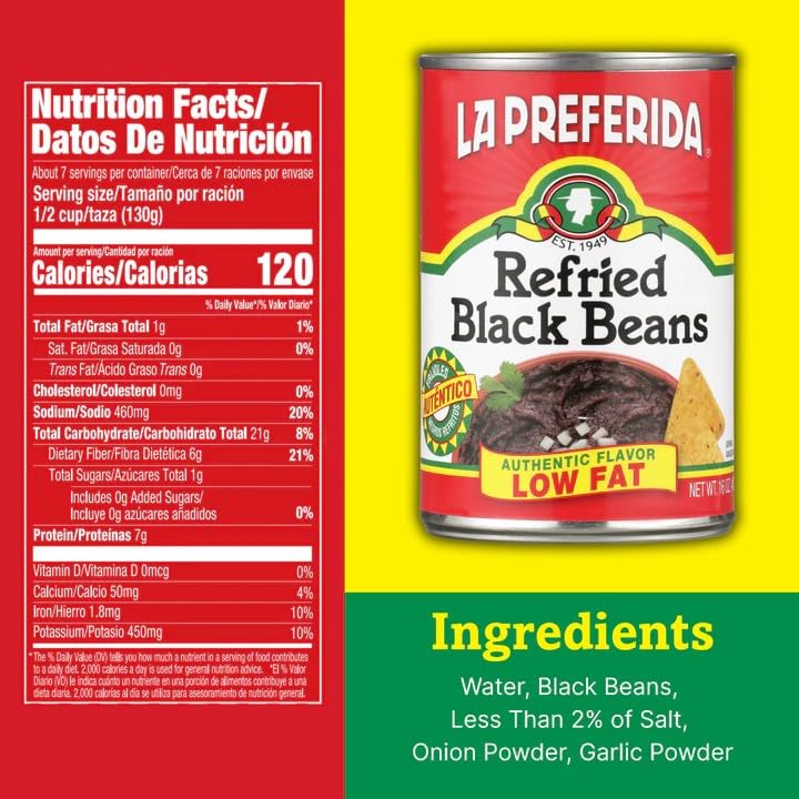 Image of La Preferida Refried Black Beans, Mexican Style Side Dish, Ready to Eat Mexican Food, Low Fat Traditional Recipe, Authentic Flavor, 16 Ounce (Pack of 12)