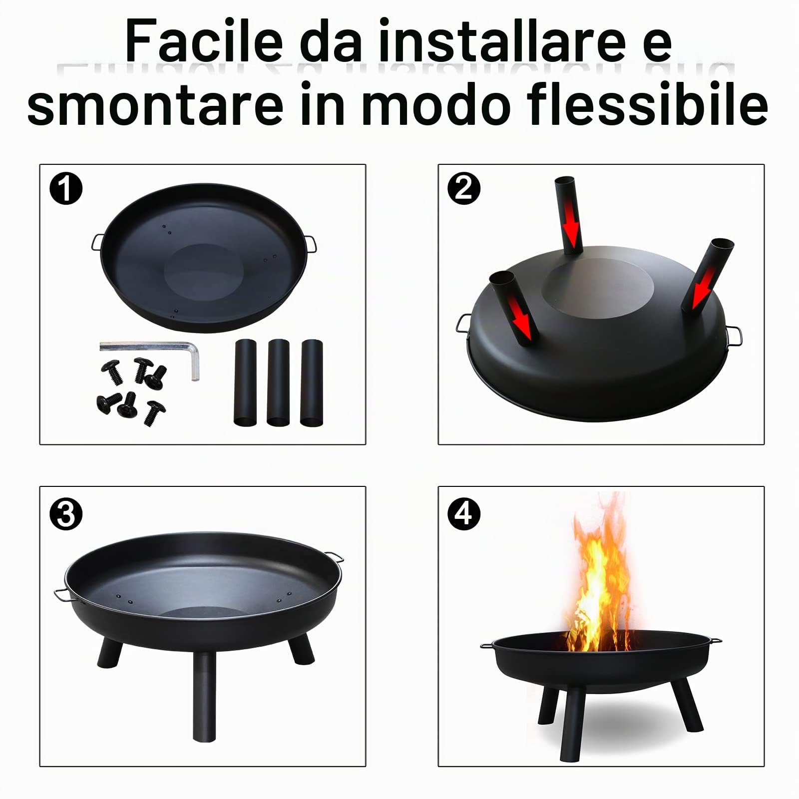 Braciere da Giardino Ø 75 cm, Bracere da Esterno, Braciere con 2 maniglie e 3 piedini di appoggio rimovibili, Braciere per Giardino, Balcone, Terrazza, Campeggio