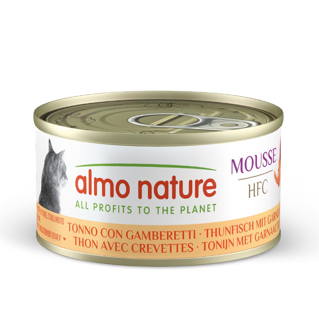 Almo Nature HFC Mousse - Wet Cat Food for Adult Cats - Tuna with Shrimps - Human Grade, Gluten Free - 70g, Pack of 24