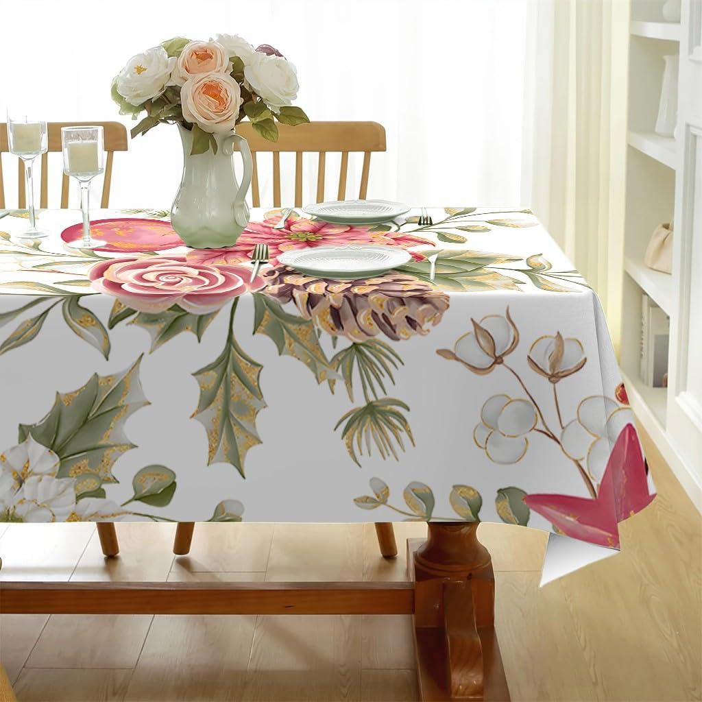 Tovaglia Antimacchia 140x260 cm Floreale Natalizio, Tovaglia Rettangolare Pigne E Bacche Impermeabile Poliestere, Copritavolo Lavabile per Decorativa Cucina Sala da Pranzo Casa, O-295
