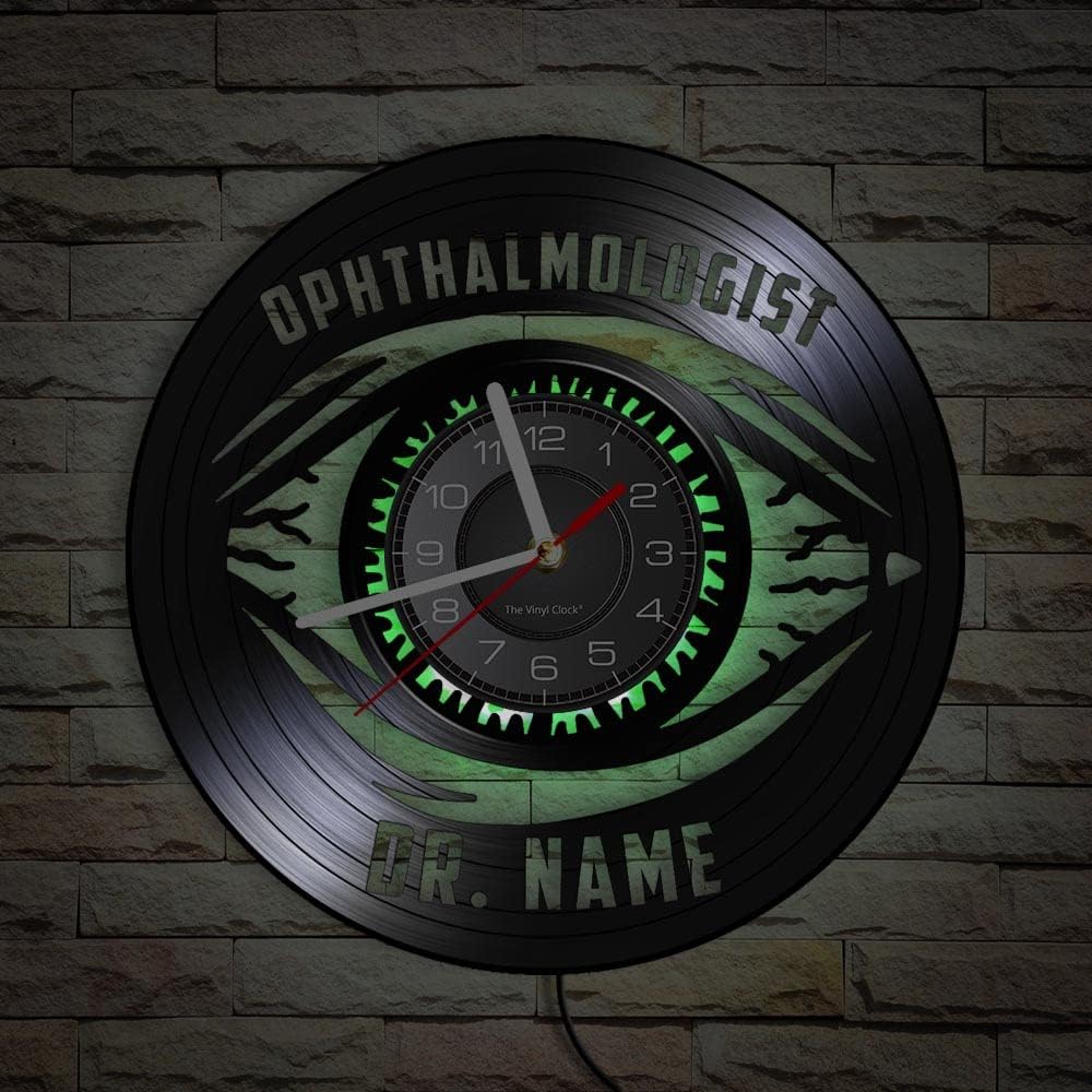 12 Inch Ophthalmologist Wall Clock 7 Kinds of LED Color, Modern Decorative Analog Black Vinyl Record Wall Clock Silent Quartz Non Ticking for Office Decor Doctor Nurse Medical Students Gifts