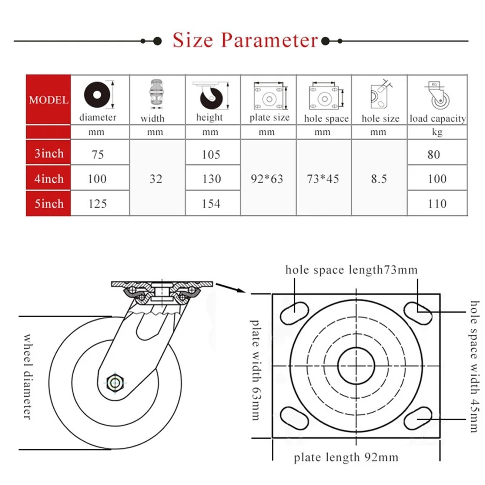 Kółka Wózek Heavy Duty 3/4/5 Cal Blokada Obrotowe kółka Koło wózka Duże obciążenie Taczka przemysłowa Koło gumowe(1pc brake wheel,4 inch)