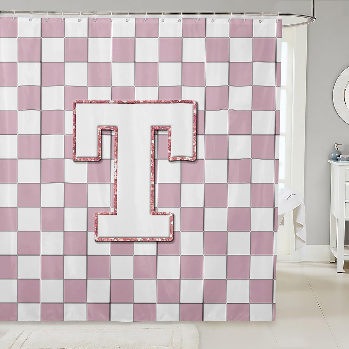Erosebridal Pink Initial T Shower Curtain 72" Wx84 L Kawaii Plaid Checkered Bathroom Curtain Cute Personalized Monogram Bathroom Accessories for Kids Girls,Fashion Grids Gingham Shower Decor