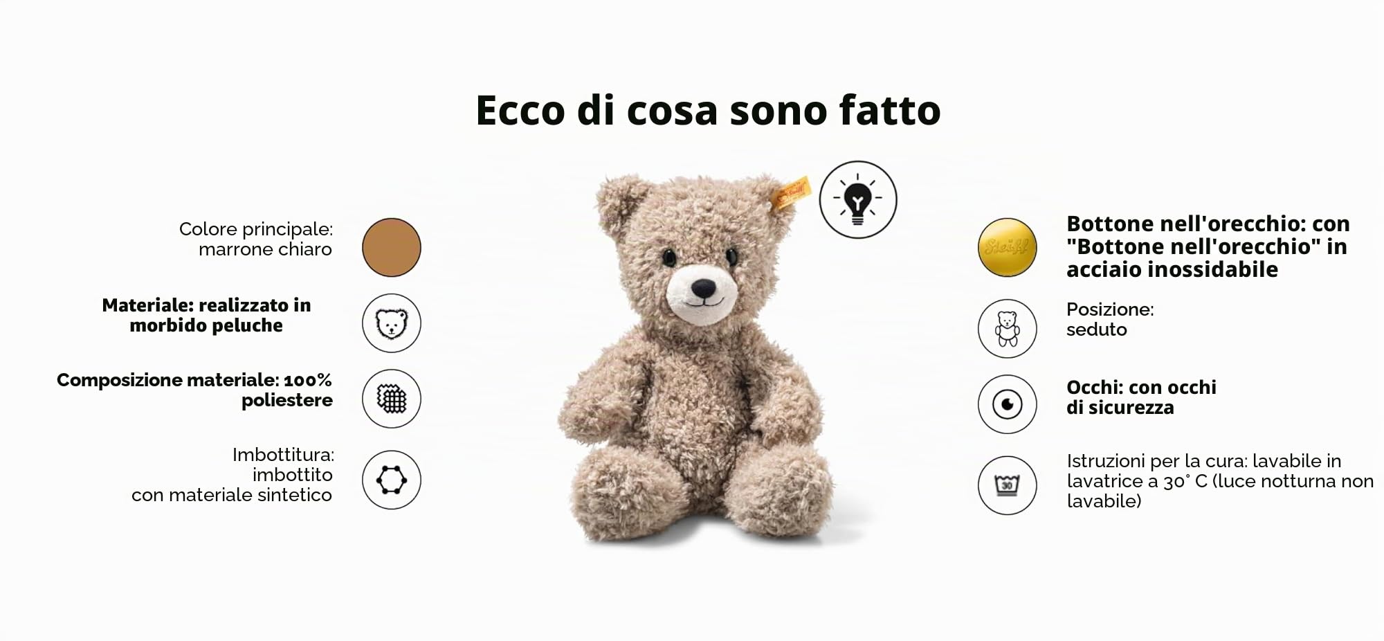 Steiff Caspar Teddy, luce notturna marrone chiaro, 28 cm, Soft Cuddly Friends, peluche per addormentarsi, orsacchiotto in morbido peluche, lampada da notte