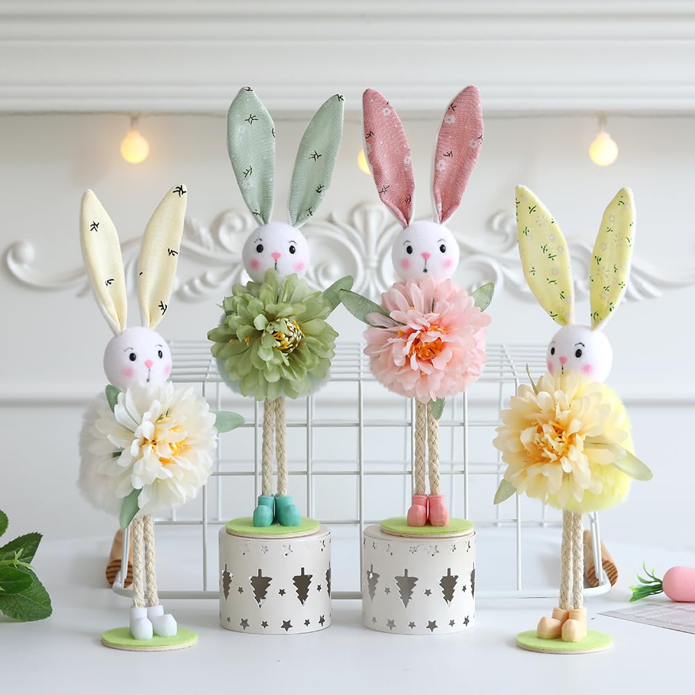 Easter Bunny Figurines, 4pcs 9.4inch Pastel Color Bunny Statue Holding Artificial Flowers for Easter Decoration Tabletop Ornaments Holiday Home Decor Spring Tea Party Baby Shower Supplies