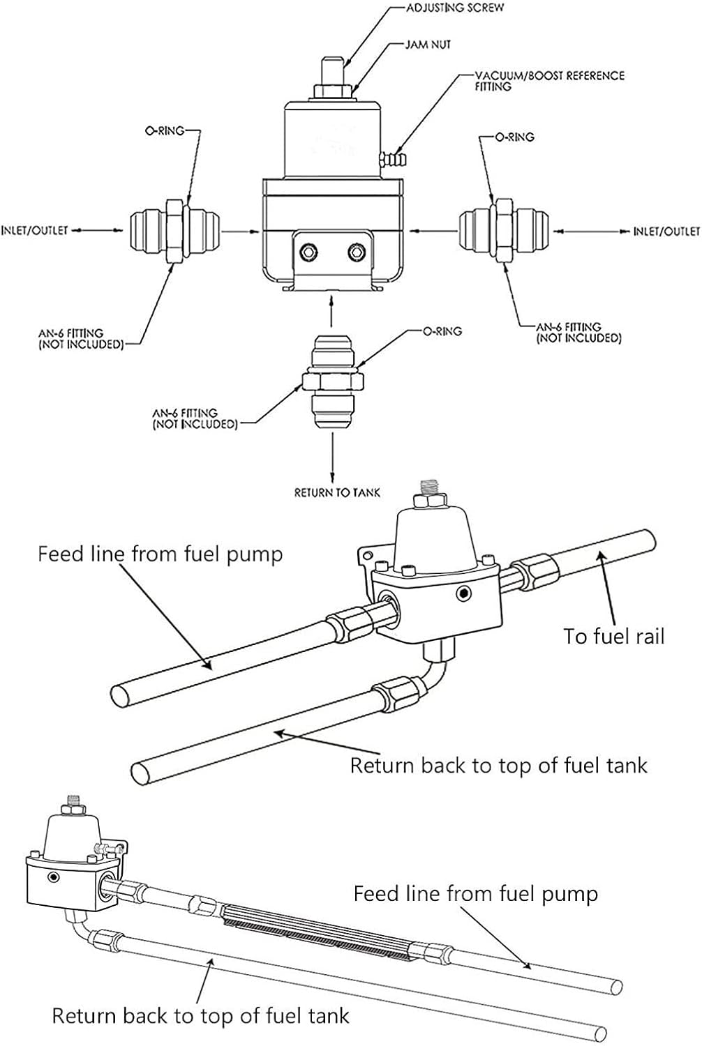 Universal Racing Adjustable Fuel Pressure Regulator Set EFI FPR with 30-70 Psi Gauge 6AN - 6AN Feed & Return Fuel Line Hose Fitting Connectors Kit
