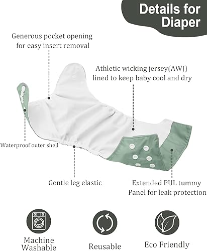 Miniatura 3 de babygoal AWJ - Pañales de tela con panel de barriga, paquete de 7, 3 fundas de pañales con 3 insertos y bolsa húmeda y seca, ajustable, lavable y