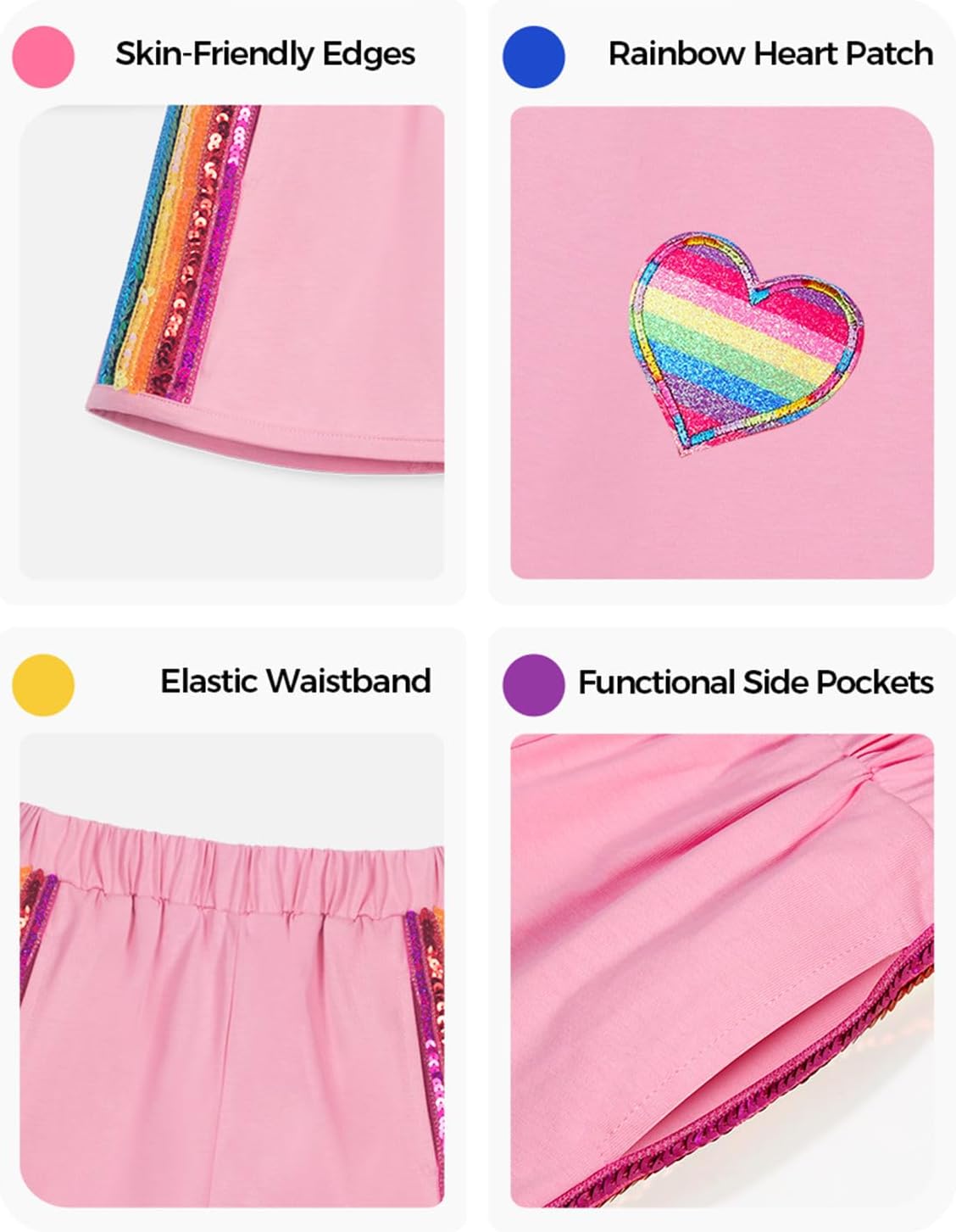 WELAKEN Girls 2 Piece Outfit Kid Toddler Heart & Rainbow Sequin Striped T-shirt and Shorts Clothing Set