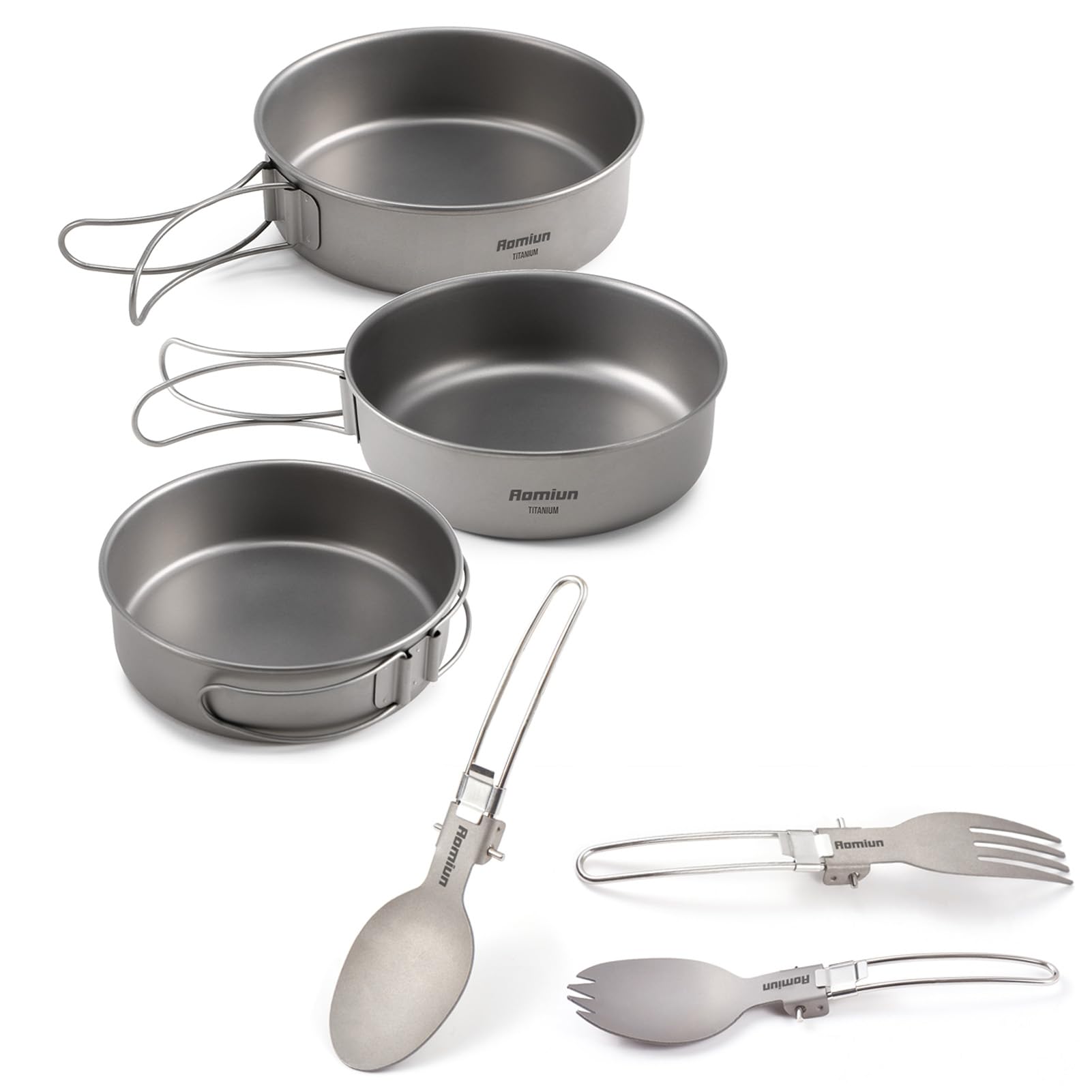 Set di Utensili e Ciotola da Campeggio, 3 Ciotole, Cucchiaio e forchetta, Combo Ciotola in Titanio con Manico Pieghevole, stoviglie da Escursionismo ultraleggere in Titanio, Set da 6 Pezzi