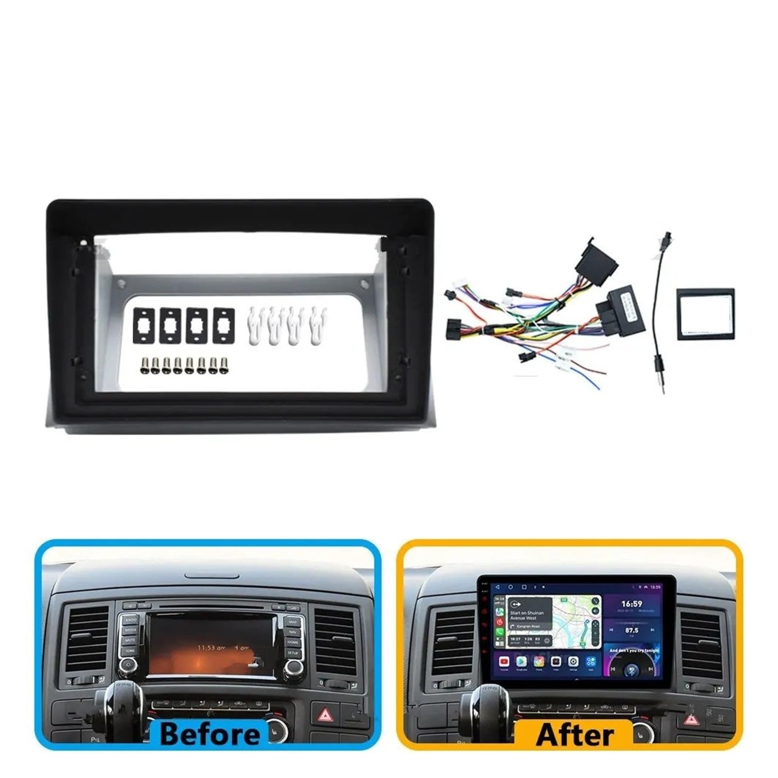 Mascherina Autoradio Cornice Stereo per VW per Multivan T5 2003-2015 9 Pollici Auto Radio Android Dvd Stereo Schermo Video Player Cornice Cavo Alimentazione Cablaggio Canbus