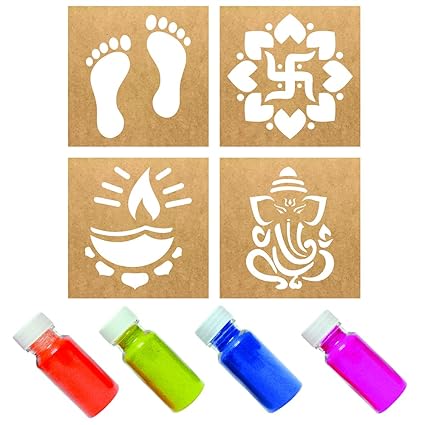MustHaves Wooden Rangoli Stencils with Color Rangoli Making Kit with Rangoli Colour for Diwali Decoration (Stencils 4 pcs-6x6 inches, Rangoli-4 Colors, Total 100gm) (WSC-126R)