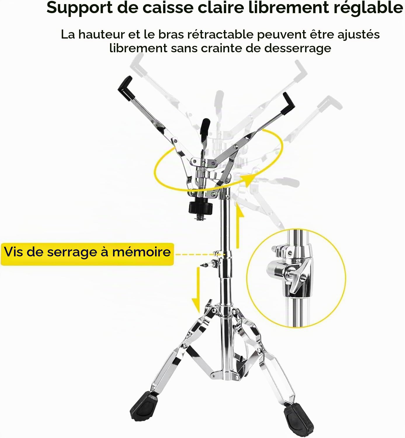 Vangoa Support Pour Caisse Claire Stand,Pied Caisse Pour Claires Léger À Hauteur Réglable De 41 À 60 Cm Avec Double Renfort Et Sac De Transport Pour De 10" À 15"