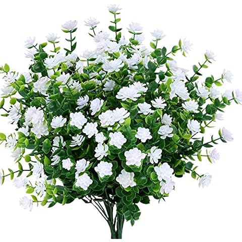 Ruiuzioong Artificial Fake Flowers, 4Pack Outdoor UV Resistant Greenery Shrubs Plants Indoor Outside Hanging Planter Home Garden Décor (White) Cover