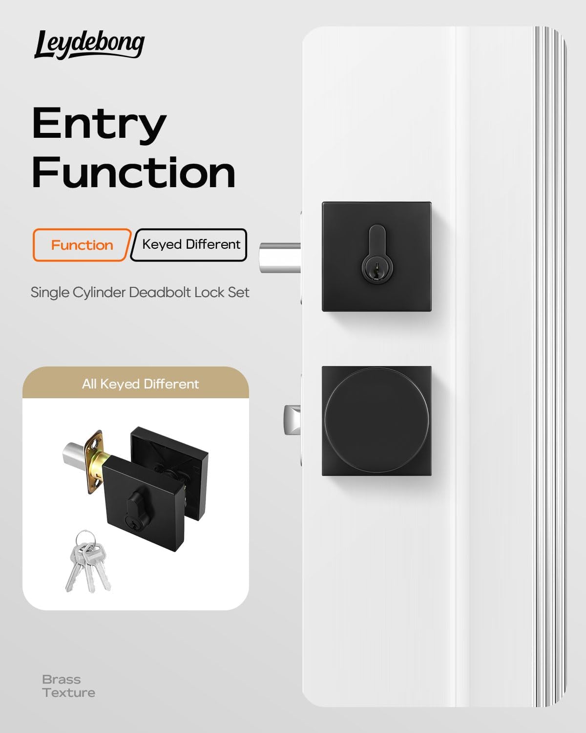 Leydebong 2 Pack Keyed Different Entry Door Knobs and Single Cylinder Deadbolt Lock Combo Set Security for Exterior and Front Door, Keyed Entry Door Locksets with Deadbolt, Matte Black Finish