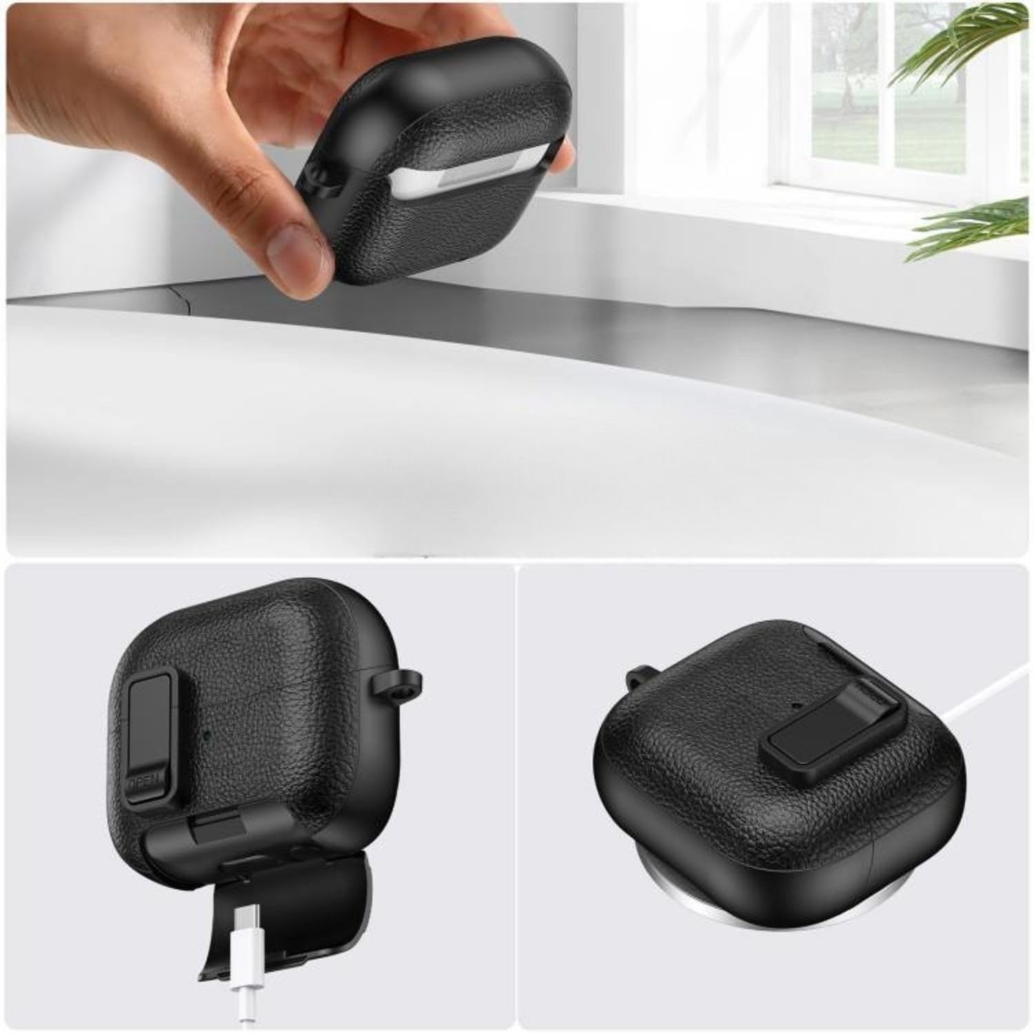 Rongep Samsung Galaxy Buds 3-Pro-3 FE için Guard-Stant Kulaklık Kılıfı Çizilme ve Darbe Önleyici Buds 3 Pro Koruyucu Rahat Tutuş Sağlayan Kilit Tasarımlı Deri Görünümlü Buds 3 Pro Kılıfı (Siyah)