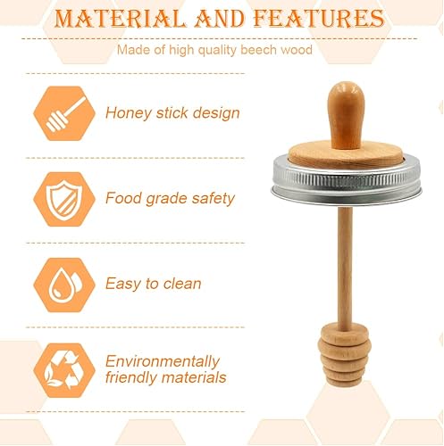 Miniatura 6 de Juego de 2 tarros de madera para miel con tapas, palito de madera para tarros de boca regular, tapas de panal de miel para boca regular, tarros de