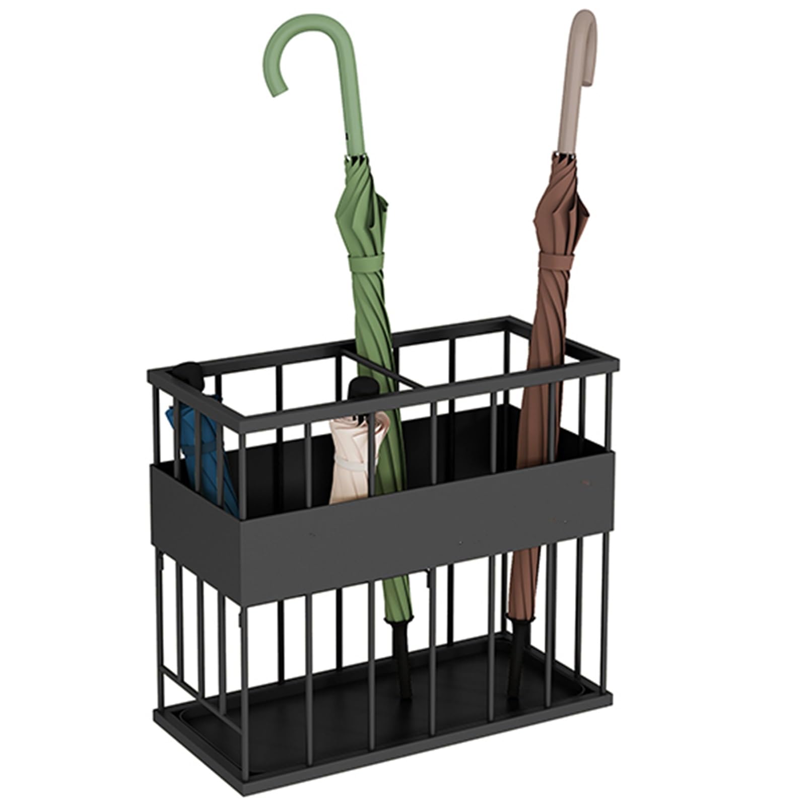 DUANHOZ Two Grids Umbrella Rack Stand for Long and Shortumbrellas,Freestanding Rectangular Umbrella Holder with Removable Drip Tray,Umbrella Storage Bin for Doorways Hallways and
